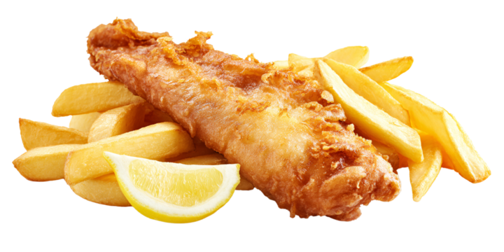 Crispy battered fish and chips with lemon wedge, a classic takeaway meal Concept of comfort food, fast food, and British cuisine