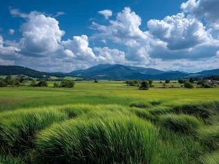Obraz premium Breezy meadow under a vast cloudfilled sky
