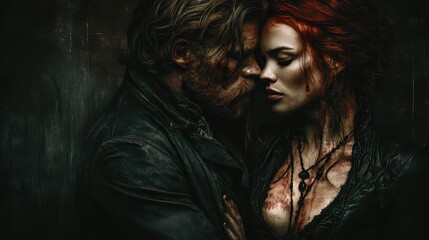 A red-haired thief and a rugged man share a passionate embrace amidst a dark, moody backdrop. Their intense expressions convey a mix of desire and danger in this intimate moment together