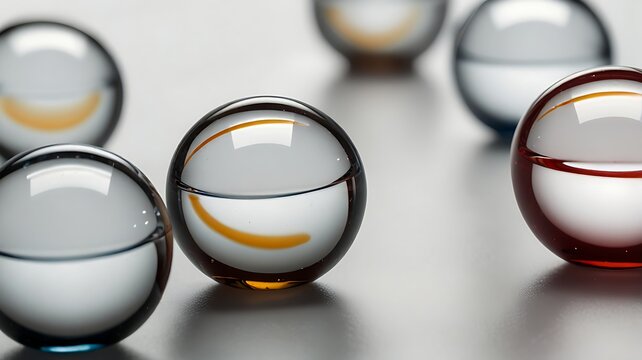 A close up of several glass orbs with colored accents on a reflective surface top view