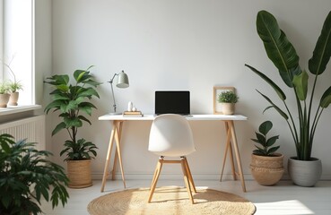 Minimalist home office workspace. White desk with laptop computer and chair. Plants, decor items. Modern interior design. Bright, airy aesthetic. Sunlight, cozy atmosphere. Work from home.