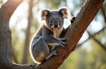Naklejka premium Adorable koala sits on tree branch looking down. Native marsupial animal in natural habitat. Cute koala bear relaxing on the tree, wildlife in Australian nature. Sunny day, freedom.