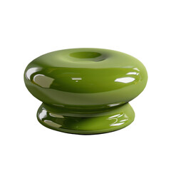 Glossy green ceramic object with rounded shape, featuring hollow center and smooth surface, exuding modern aesthetic