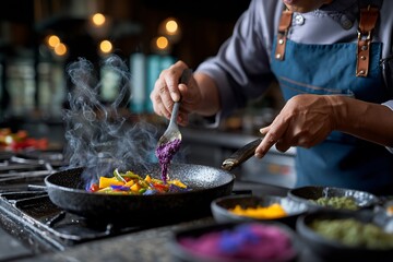Chef prepares colorful vegetables in a steamy pan