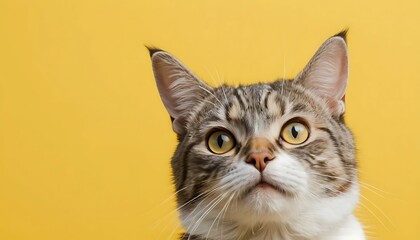 Looking Up Cat Portrait on Yellow Background Curious Feline