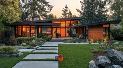 Stunning Modern Home Design with Expansive Windows and Lush Landscaping showcasing a contemporary architectural masterpiece nestled in a beautifully landscaped garden.
