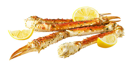Delicious cooked Alaskan king crab legs with lemon wedges, seasoned with herbs Gourmet seafood cuisine concept for restaurant menu and healthy eating