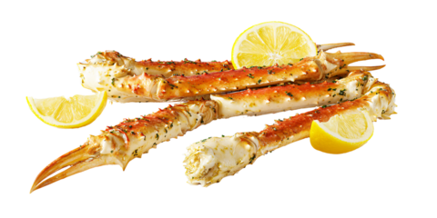 Delicious cooked Alaskan king crab legs with lemon wedges, seasoned with herbs Gourmet seafood cuisine concept for restaurant menu and healthy eating