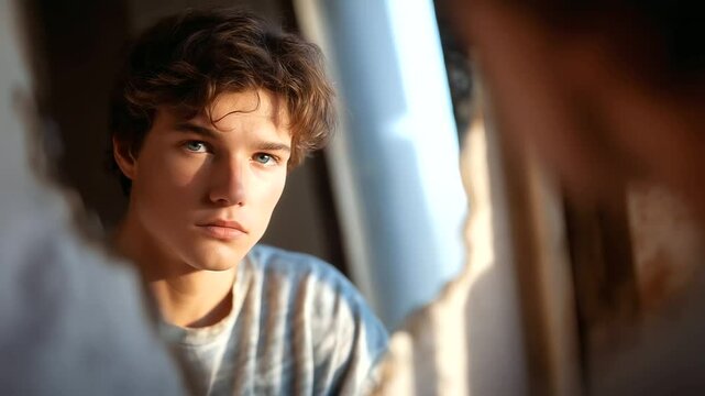 A young man's moment of regret in a prison cell with a mirror