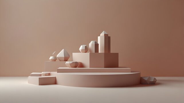 Geometric shapes on a tiered platform in a monochromatic beige color scheme studio shot