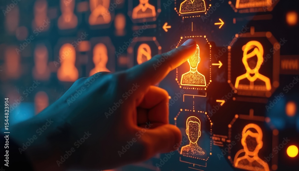 Poster hand selects user profile from futuristic interface with glowing details. digital technology with in