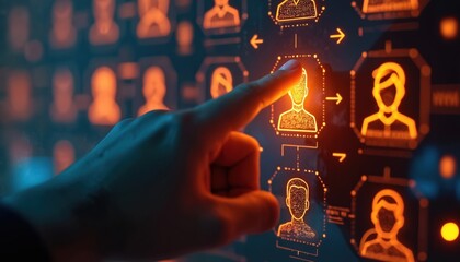 Hand selects user profile from futuristic interface with glowing details. Digital technology with interactive elements. Human hand touches screen, virtual dashboard concept. Information system, data