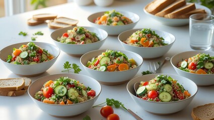 A table setting with multiple bowls of quinoa salad and slices of bread for a healthy meal