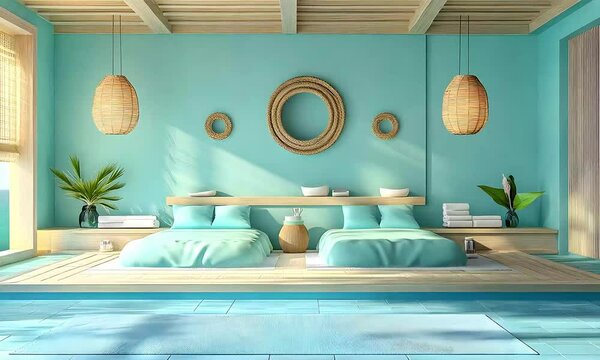 Serene turquoise bedroom with twin beds, a tropical retreat for ultimate relaxation