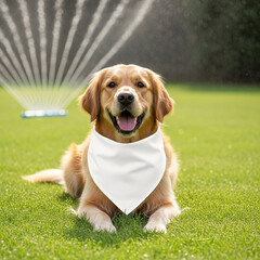 Smiling Golden Retriever Dog Wearing a Blank White Bandana Lying on Green Grass with a Sprinkler in the Background Pet Apparel Mockup and Summer Fun