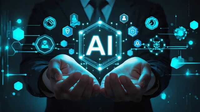 Businessman Hands AI Logo Hexagon Icons Digital Display Technology Innovation Suit