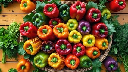 A basket filled with a colorful assortment of bell peppers with herbs on a wooden surface top view