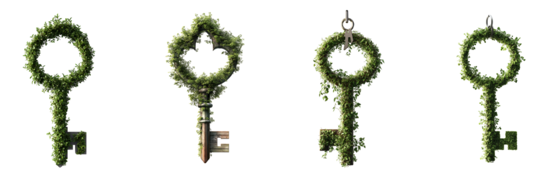 Set of various figure of a house key made of greenery isolated on transparent background