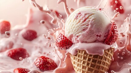 Close-up of waffle cone filled with juicy scoop of strawberry ice cream topped with swirls of strawberry sauce, dynamic splashes of pink melted ice cream exploding around cone