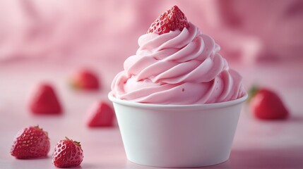 Swirl of soft serve strawberry ice cream in white paper cup with fresh strawberries on top on pink background with scattered strawberries