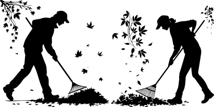 People Raking Autumn Leaves Silhouette - Garden Yard Work Vector Set