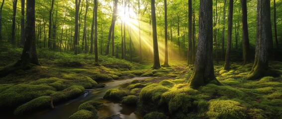Obraz premium A springtime forest scene unfolds with vibrant greenery and radiant sunlight filtering through the trees