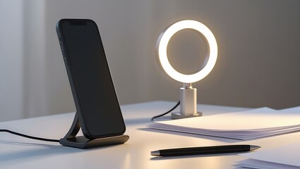A smartphone on a stand sits on a desk with a ring light and a pen next to papers