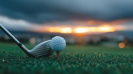 A golfer positions the club above a white ball on a beautifully manicured green field as the sun sets behind. The focus is on the skill and timing of the swing in this moment of concentration