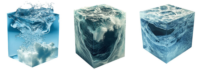 Collection of various cube of sea water isolated on transparent background