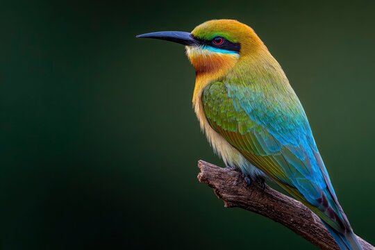 A vibrant beeeater bird perches on a branch against a dark green background