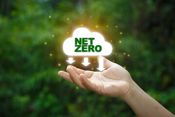 Hand holding cloud icon with text “Net Zero” and arrows. Concept of carbon neutrality, climate action, and sustainable environmental responsibility.