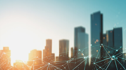 Smart digital Innovation city with connection network reciprocity over the sunset cityscape. of future wireless digital city and social media networking systems that connects people with in city
