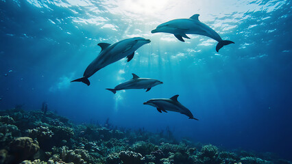 A pod of dolphins swims gracefully through the ocean, sunlight filtering through the water.