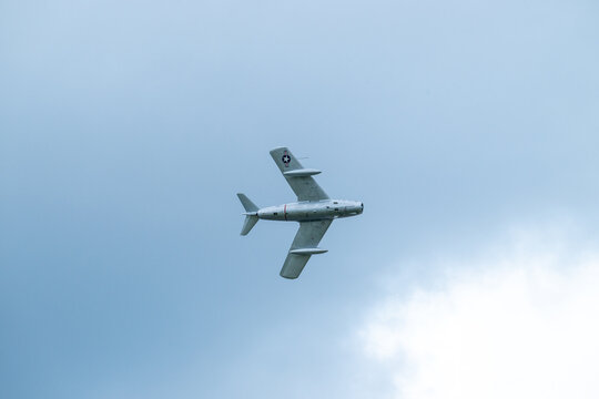Sola, Norway - June 16 2024: MiG-15 performing a display at an air show.