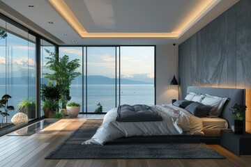 Pixel Perfect Picture of Modern, Luxury Home Showcase Bedroom with Ocean View