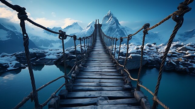 Fototapeta Suspended Wooden Bridge Leads to SnowCapped Mountains over Icy Waterscape under a Clear Blue Sky