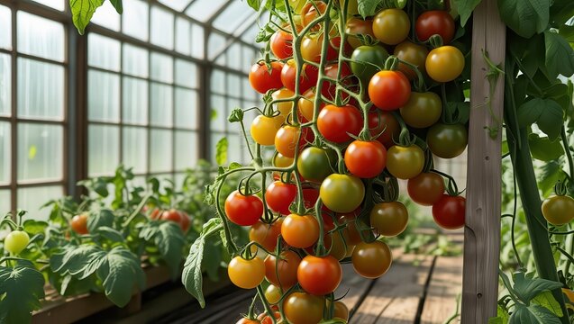 A close up of cherry tomatoes growing in a greenhouse with a wooden support and natural light