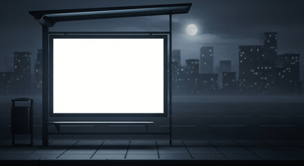 Fototapeta premium Blank White Billboard Mockup Bus Stop Night Scene City Skyline Full Moon Dim Light Urban Setting Mysterious Outdoor Advertising Display Atmospheric Marketing Background