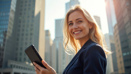 Attractive german business woman smiles holding tablet at city with skyscrapers. Blonde female entrepreneur with happy face. Successfull businesswoman in suit using modern tech, digital device,