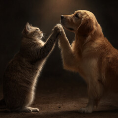 Adorable Cat and Dog Sharing a High Five Against a Dark Background