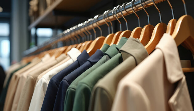 Modern fashion apparel hang on stainless steel hangers rack at department store. Various colors of clothes for men, woman. Display rack with garments ready for selling, shopping or retail.