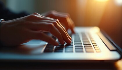 Close-up hands typing on laptop keyboard in dim light. Finger presses keys. Work at night. Man types email, codes software, writes blog post. Modern tech. Communication, online activity.
