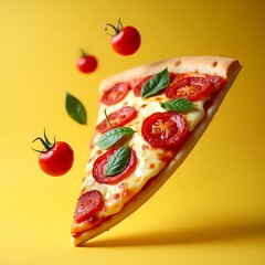Ilustration AI Pizza slice with flying toppings frozen mid-air. Bold composition with motion and flavor focus. High-impact stock image for delivery, digital campaigns or food visuals.