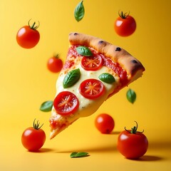 Ilustration AI Pizza slice with flying toppings frozen mid-air. Bold composition with motion and flavor focus. High-impact stock image for delivery, digital campaigns or food visuals.
