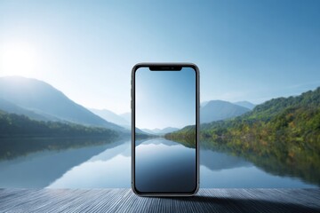 Smartphone Displaying Scenic Reflection of Mountains on Lake Against a Clear Sky Setting, Concept of Technology and Nature Harmony, Suitable for Advertising, Electronics, or Travel Businesses