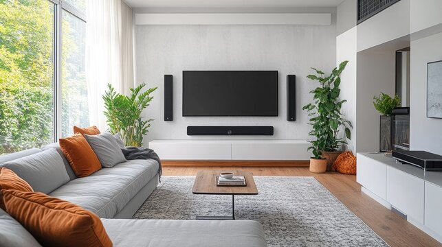 Modern living room interior design showcasing a sleek home theater setup with a large screen TV sound bar and floor standing speakers enhancing the stylish space with natural light and potted plants