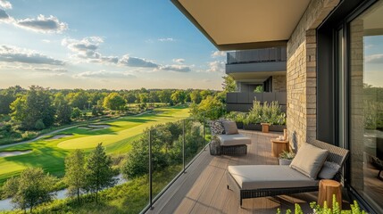 Luxurious apartment balcony overlooking a scenic golf course sunset view boasting modern furniture and tranquil landscaping
