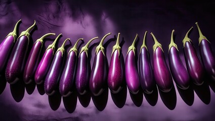 A row of fresh eggplants with green stems arranged on a purple background with soft lighting effect