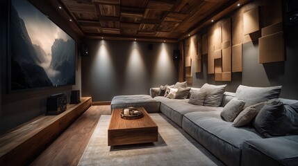 Fototapeta premium Luxurious home theater with modern design, comfortable seating and immersive screen