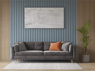 Mock up of a modern living room with an elegant comfortable sofa and a trendy decorative background, 3D rendering.
